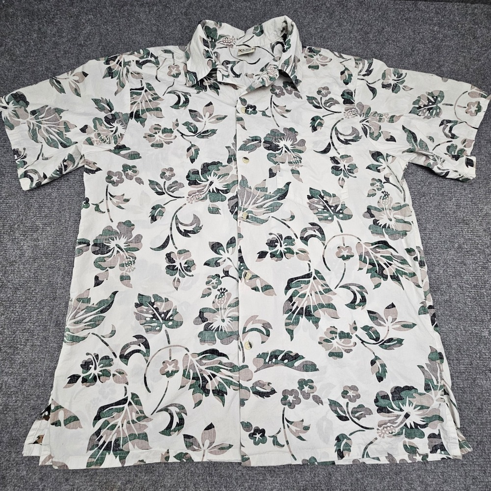 Go Barefoot Button Down Shirt Mens XL Tall Camo Floral Hawaiian Print White USA
